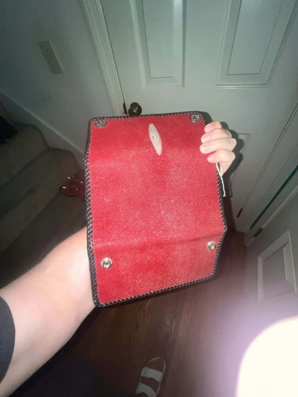 Red Leather Trifold Biker Wallet with Snap Detail